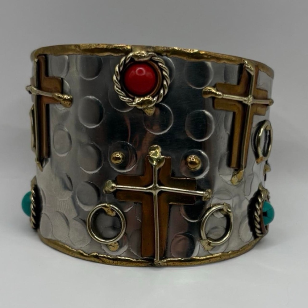 Artisan Mixed Metal Cross Cuff Bracelet Turquoise Coral Southwestern